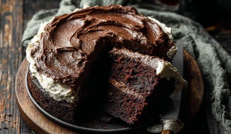 Dark Guinness chocolate cake with cream cheese frosting and one slice removed