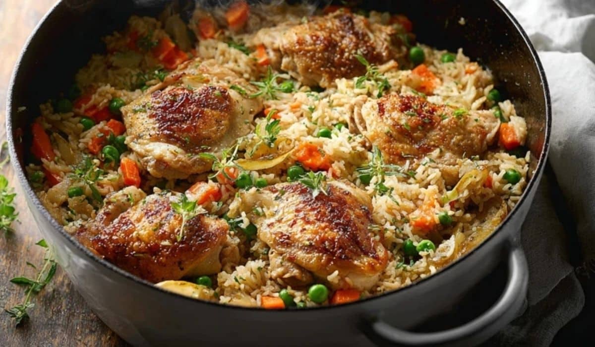 Dutch oven chicken and rice in a cast iron pot with golden thighs on top