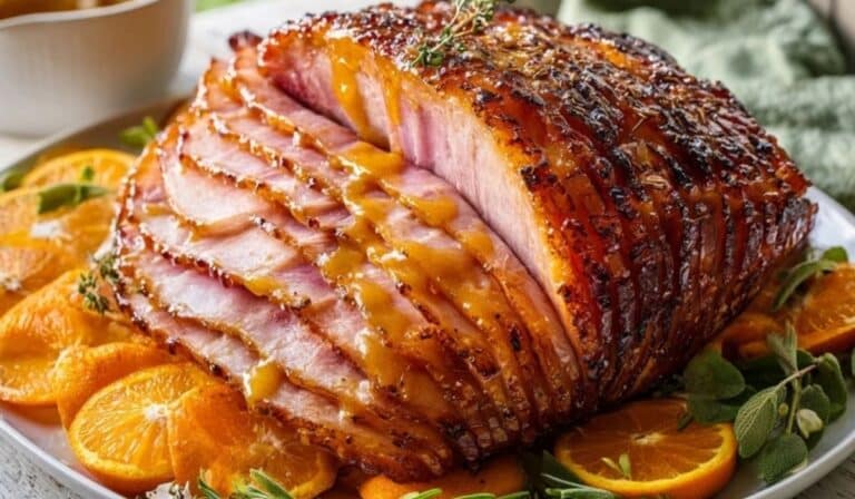 Glazed Easter ham with honey mustard sliced on a serving platter