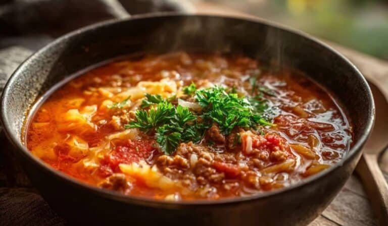 Golumpki soup unstuffed in a Dutch oven with cabbage, beef, rice, and tomato broth