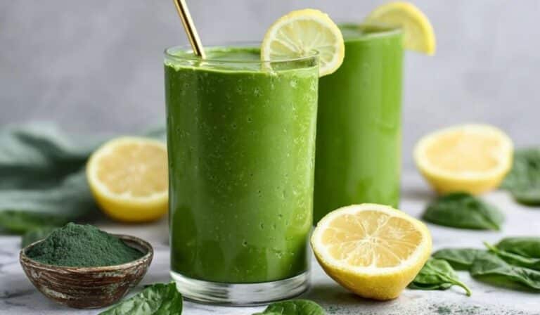 Green detox smoothie with spirulina in a glass on marble