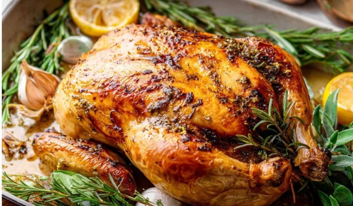 Herb roast chicken with crispy golden skin and fresh rosemary