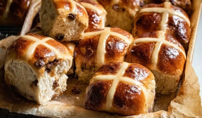 Homemade hot cross buns in a baking pan with glossy tops