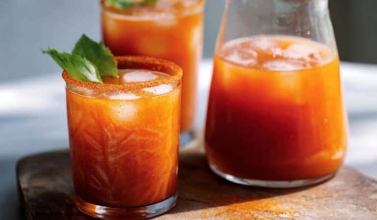Kimchi cocktail mixer base in a pitcher with savory brunch cocktails