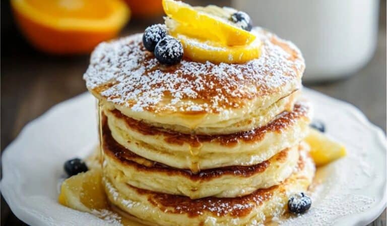 Lemon ricotta pancake stack topped with blueberries and syrup