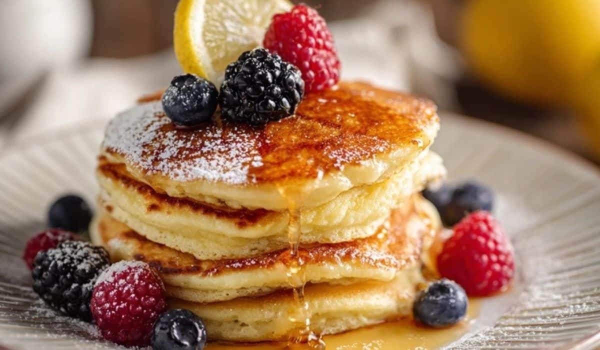 Fluffy lemon ricotta pancakes stacked with syrup, berries, and lemon slices.