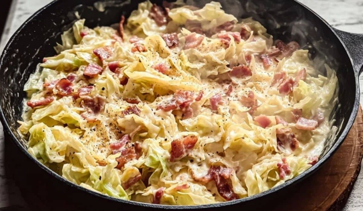 Low-carb cabbage carbonara in a cast iron skillet with crispy bacon on top