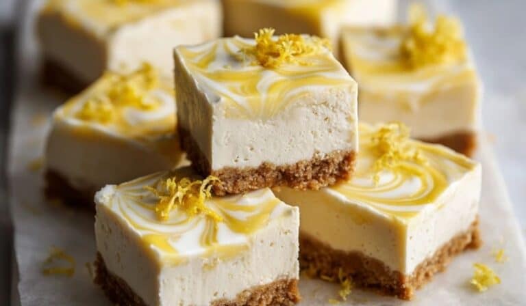 No-bake lemon cheesecake bars stacked on a platter with lemon zest
