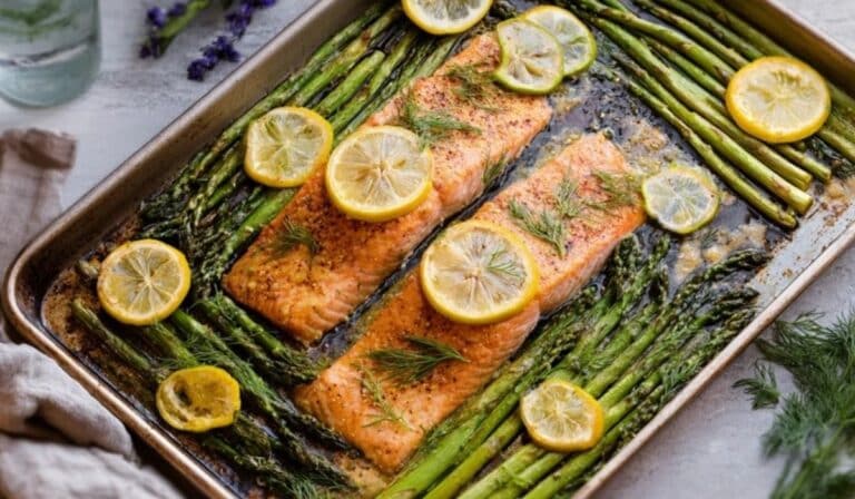 One-pan salmon with asparagus on a sheet pan with lemon and herbs