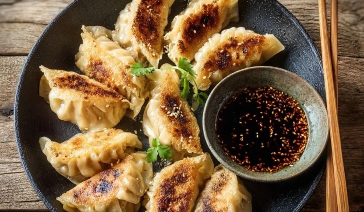 Pan-fried cabbage dumplings with crisp golden bottoms in a skillet