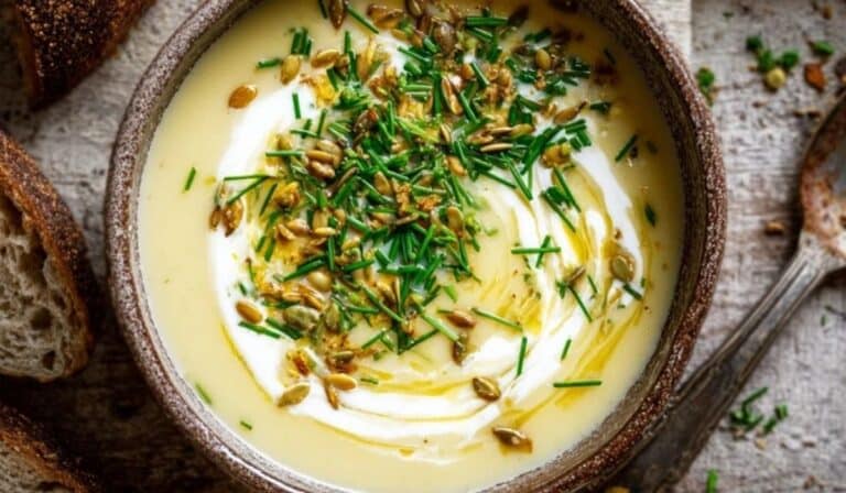 Prebiotic garlic and leek soup in a rustic bowl with yogurt swirl and seeds