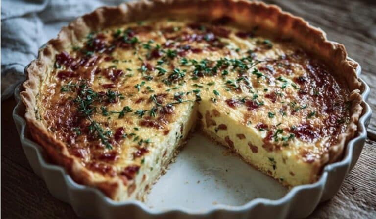 Quiche Lorraine with golden crust and creamy bacon filling on a brunch table