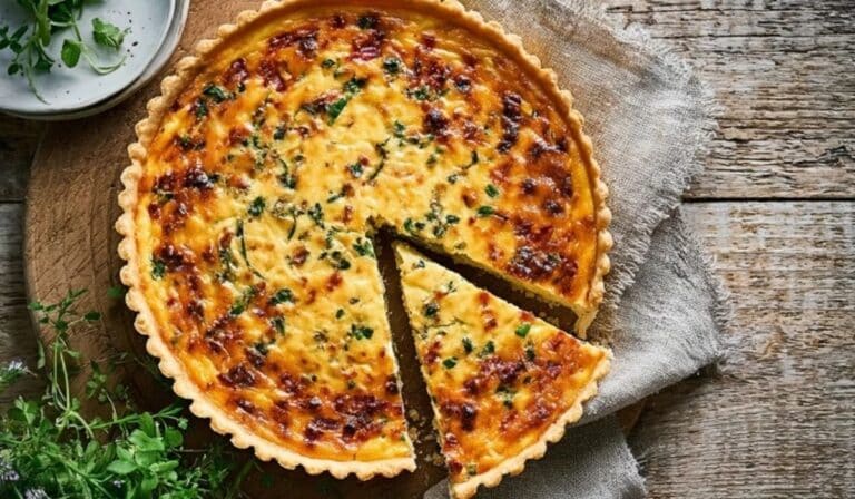 Quiche Lorraine with spring herbs in a golden crust on a wooden table