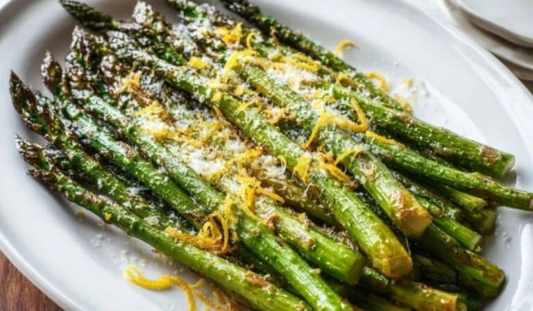 Roasted asparagus lemon parmesan on a platter with lemon zest and grated cheese