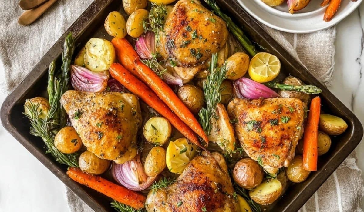 Sheet-pan Easter chicken thighs with spring vegetables on a roasting pan