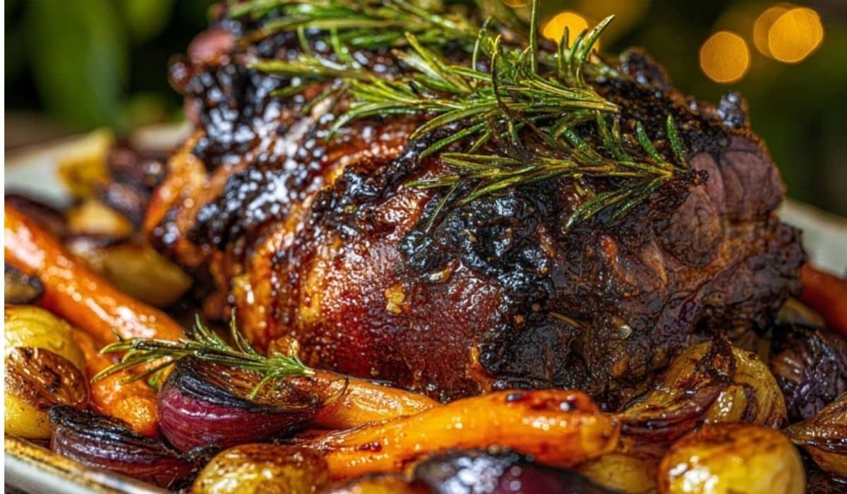 Slow-roasted lamb with rosemary on a platter with pan juices