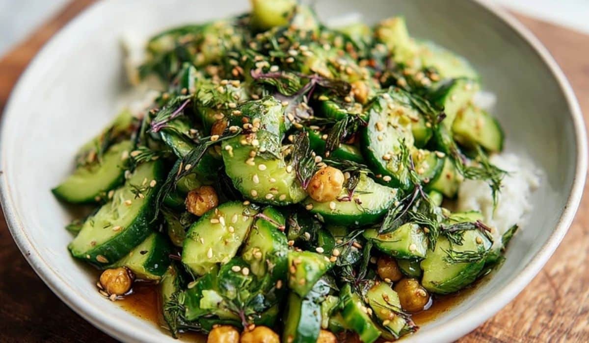 Smashed cucumber and herb salad in a white bowl with sesame dressing and fresh herbs