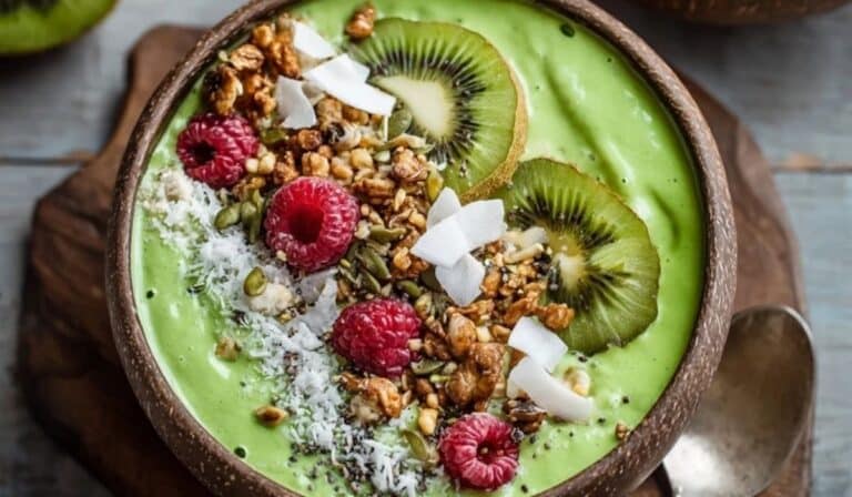 Spring detox green smoothie bowl with fruit and seed toppings on a wooden table.