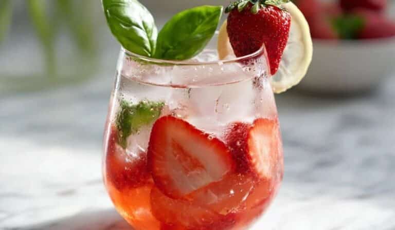 Strawberry basil spring mocktail in a glass with fresh strawberries and basil