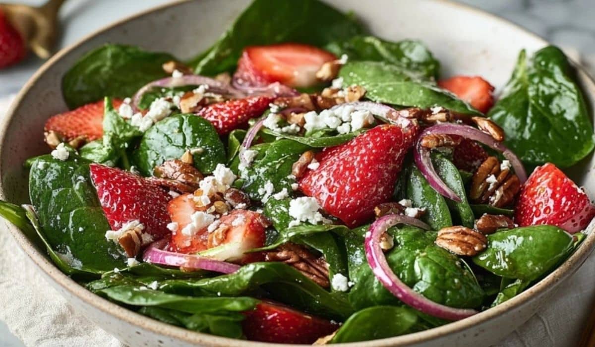 Strawberry spinach salad with feta, pecans, and balsamic dressing in a serving bowl