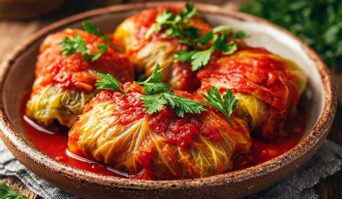 Stuffed cabbage rolls baked in tomato sauce in a rustic dish