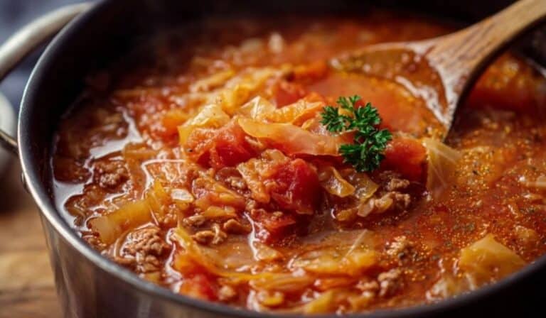 Tomato-based cabbage roll soup in a Dutch oven with rich tomato broth and cabbage.