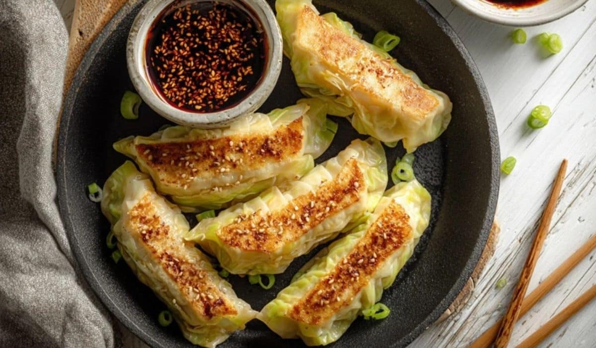 Vegan cabbage dumplings with tofu with crispy bottoms and dipping sauce