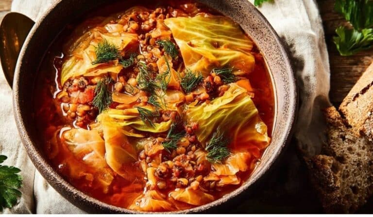 Vegetarian stuffed cabbage soup in a rustic bowl with bread on the side